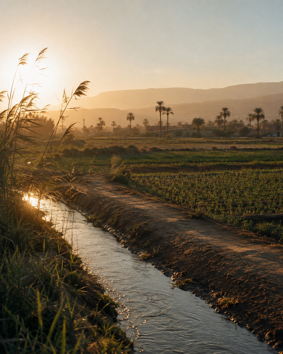 Nile Valley agricultural landscape and irrigation channel in late-afternoon light.