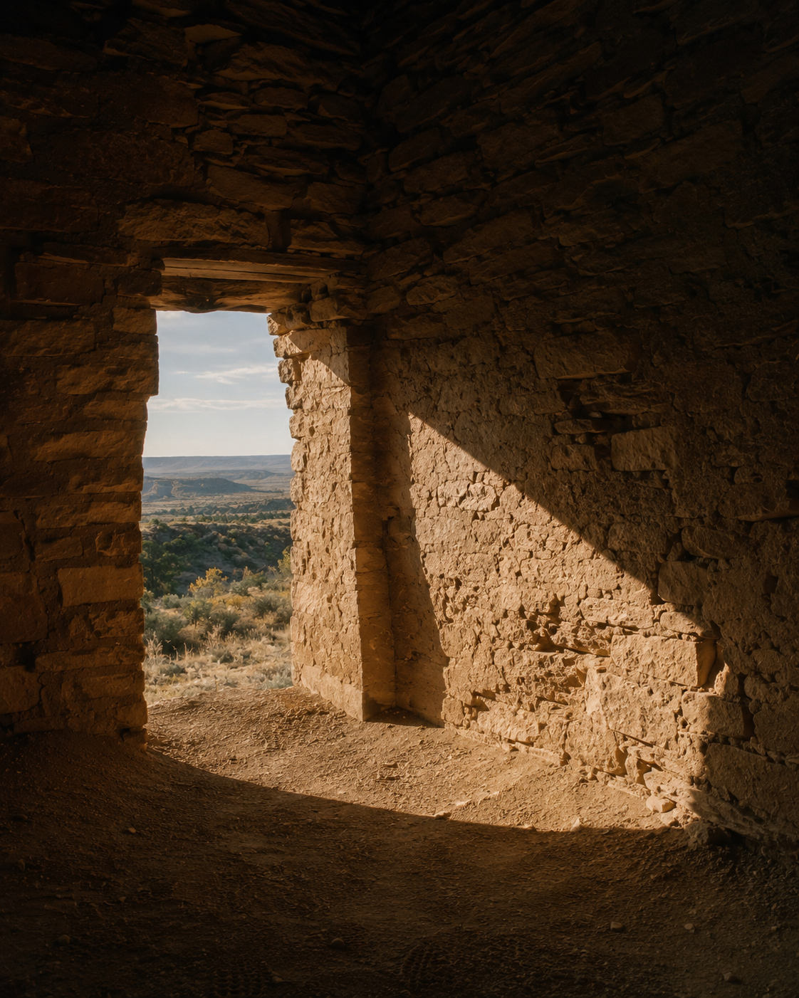 Sunlight entering weathered Ancestral Pueblo stone architecture overlooking a high-desert landscape.