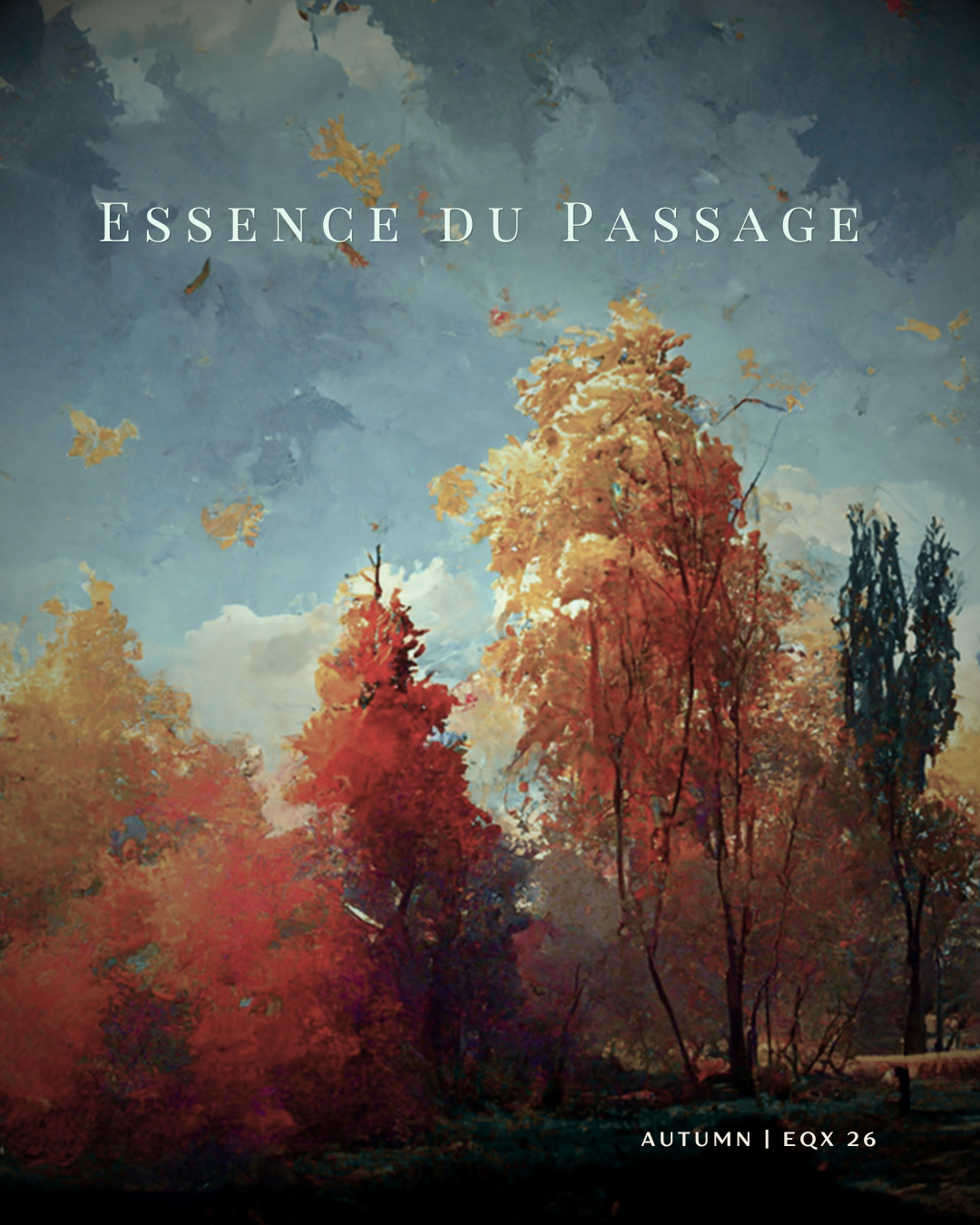 Essence du Passage — Autumn Equinox 26 seasonal identity artwork over a painterly autumn landscape